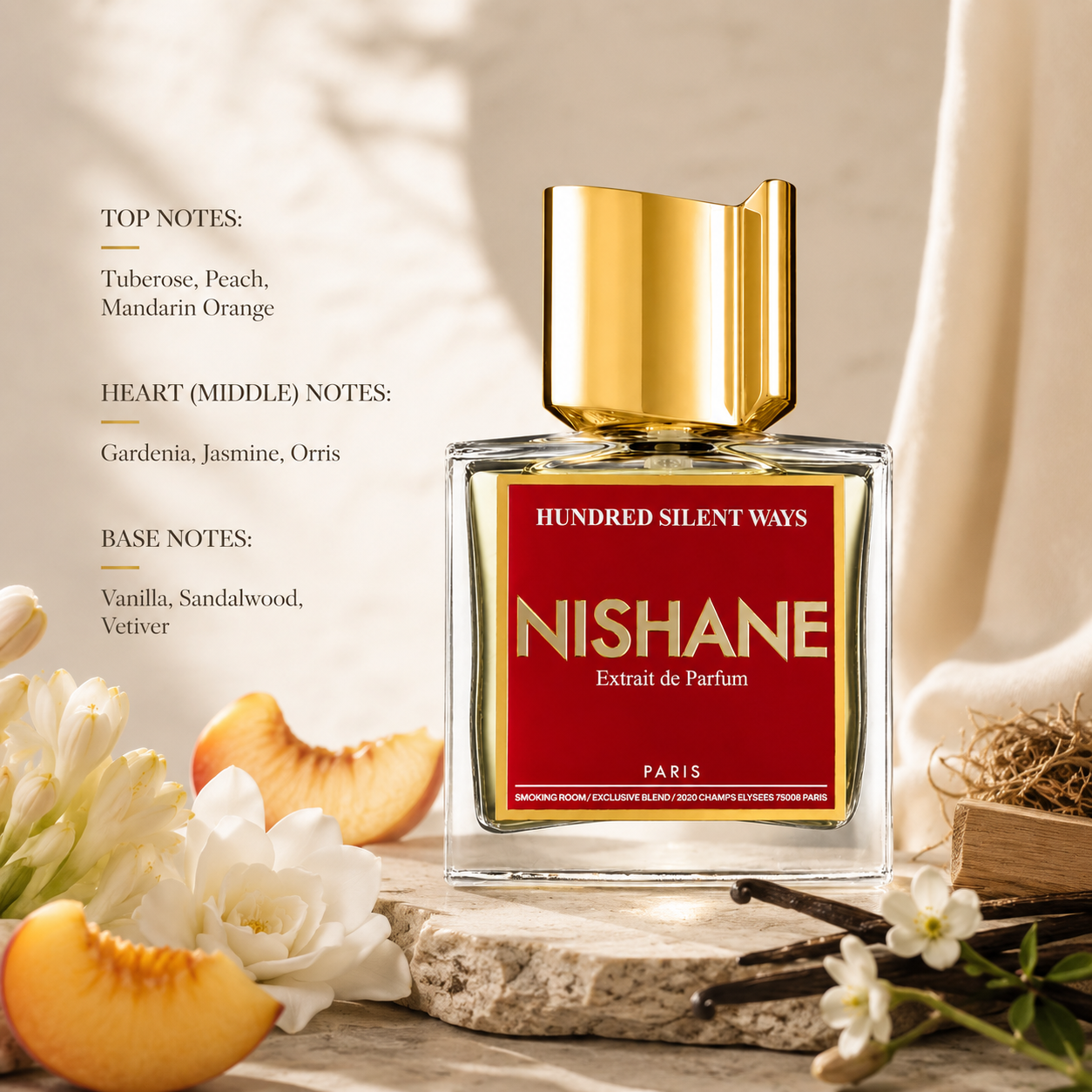 Nishane Hundred Silent Ways Extrait de Parfum with peach, tuberose, jasmine, vanilla and sandalwood fragrance notes.