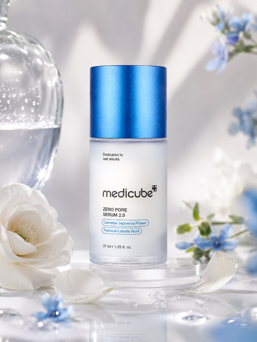 Medicube Zero Pore Serum 2.0 37ml with flowers in the background