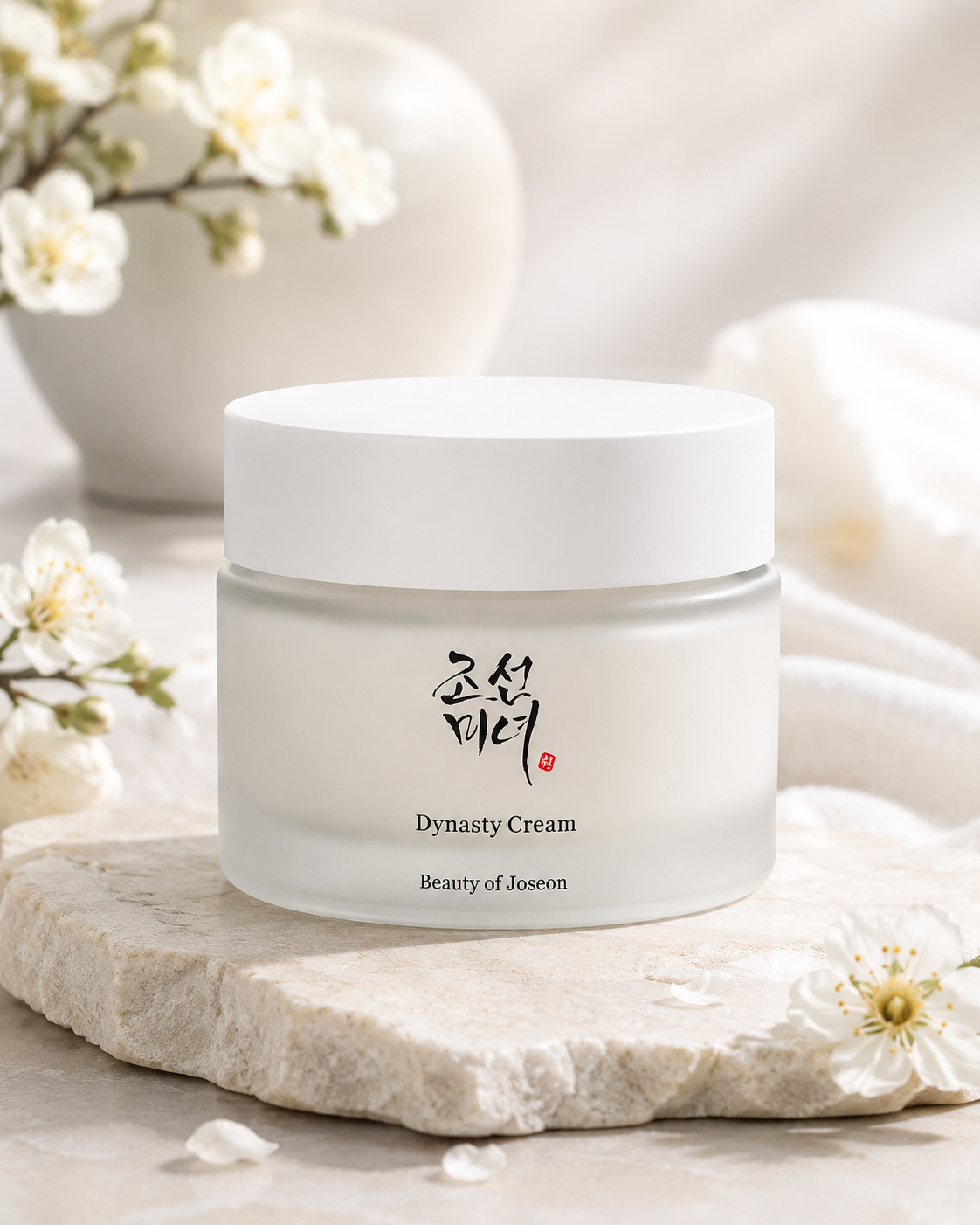 White frosted glass jar of Beauty of Joseon Dynasty Cream with black calligraphy label, placed on stone slab with white blossoms and soft linen background