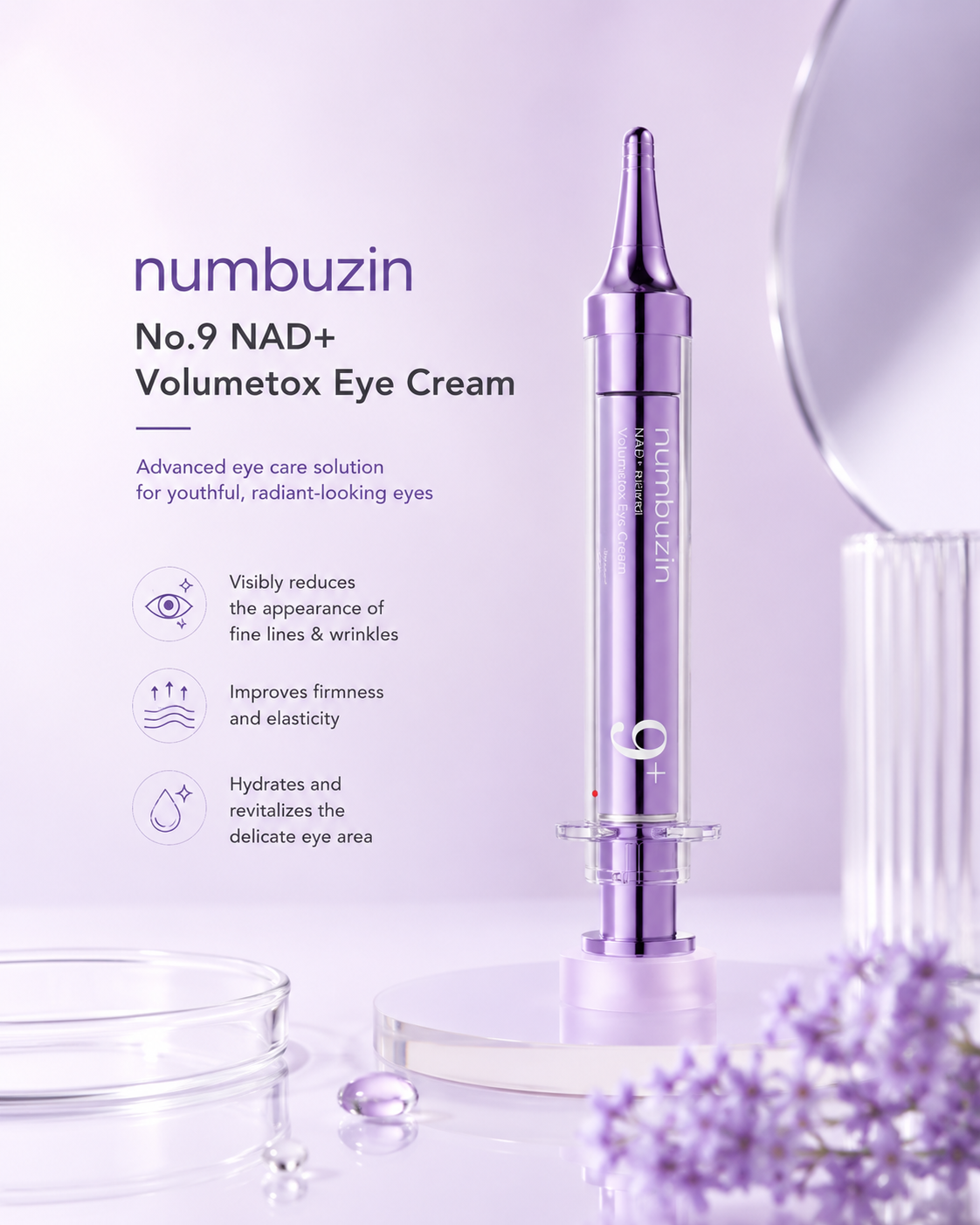 Numbuzin No.9 NAD+ Retinol Volumetox Eye Cream 10ml  with product details on a light purple background