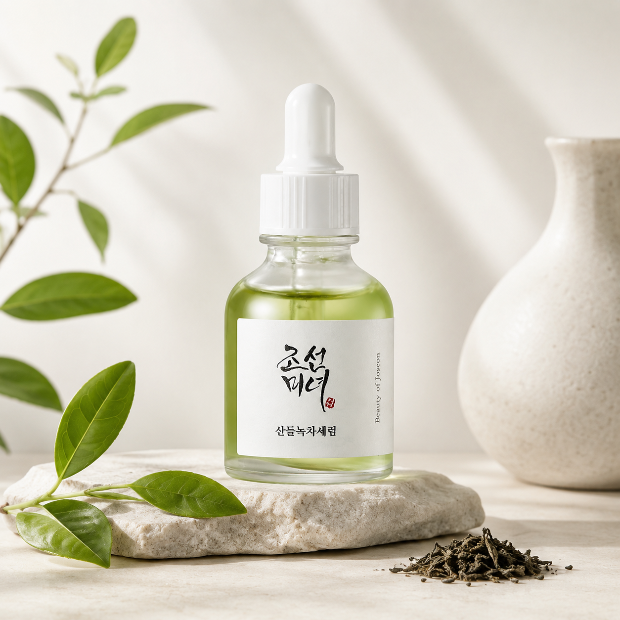 Beauty of Joseon Calming Serum : Green tea+Panthenol 30ml on a stone surface with leaves and a vase in the background