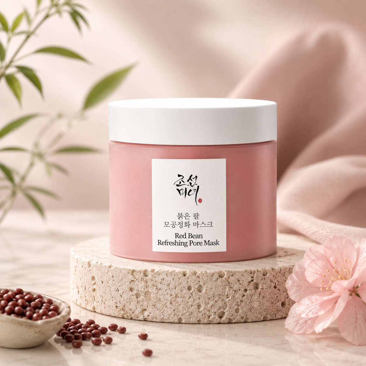 Beauty of Joseon Red Bean Refreshing Pore Mask 140ml on a neutral background with decorative elements