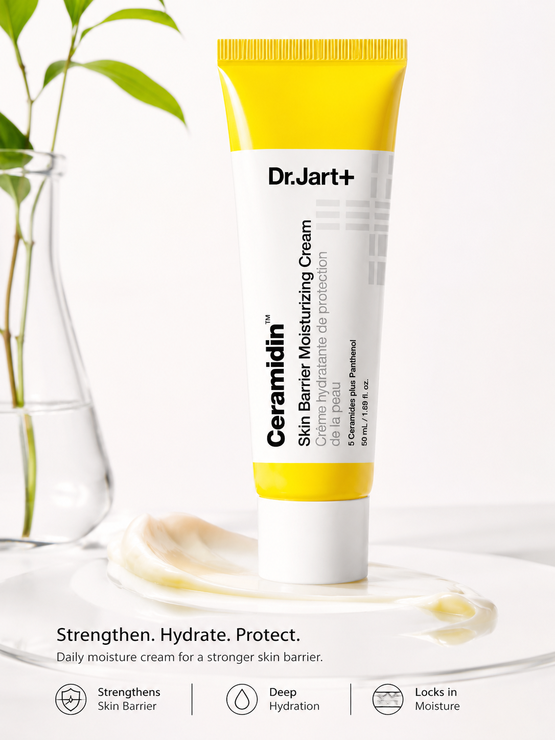 Dr.Jart+ Ceramidin Skin Barrier Moisturizing Cream 50ml  tube on a white background with a plant.