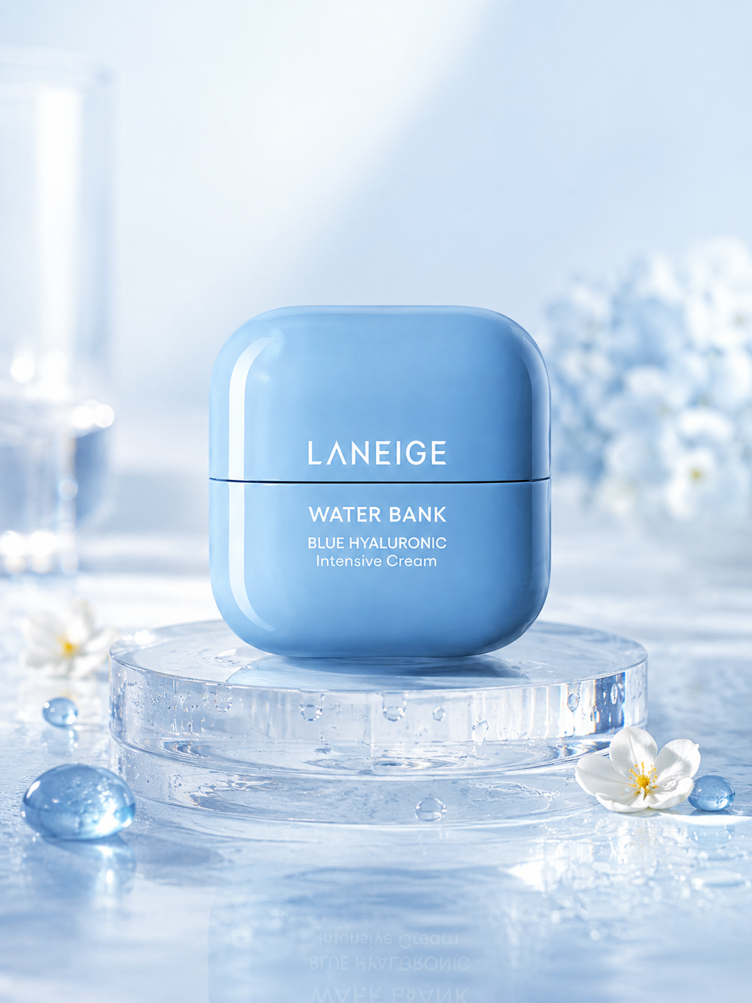 Blue hyaluronic intensive cream jar by Laneige on clear pedestal with water droplets and white flowers, front view