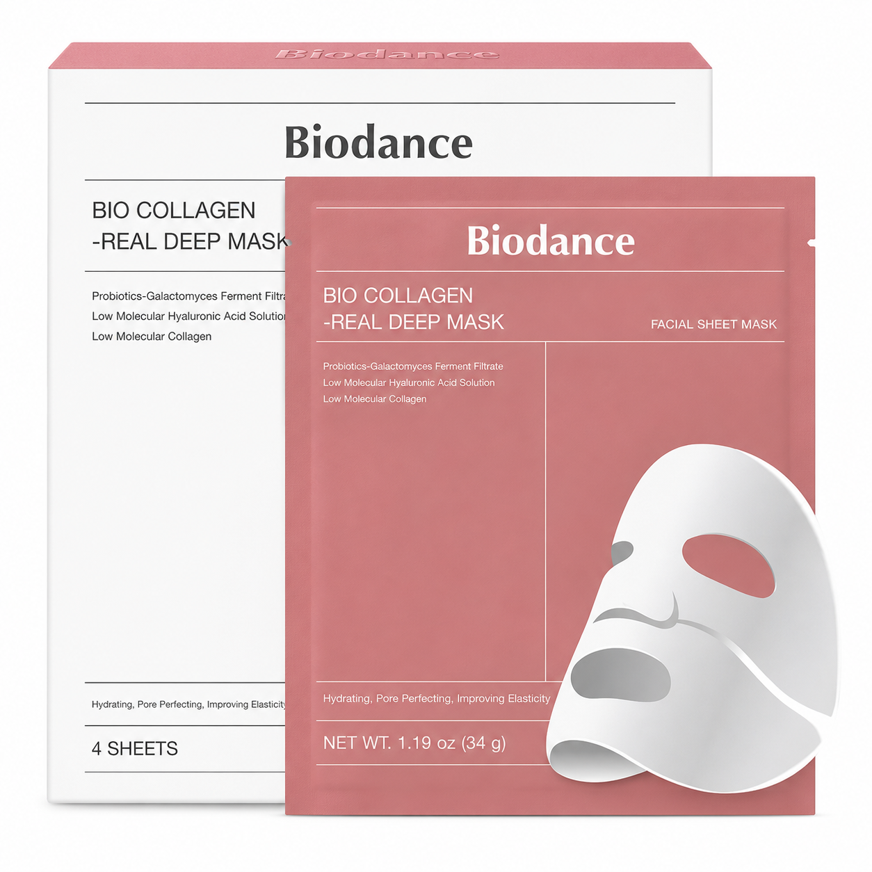 Biodance Bio Collagen Real Deep Mask Box (4 × 34g) on a pure white background, featuring a premium Korean hydrogel sheet mask infused with low molecular collagen, hyaluronic acid and probiotics to deeply hydrate, improve skin elasticity, strengthen the moisture barrier, refine pores and leave the complexion visibly smoother, firmer and radiant after every treatment.