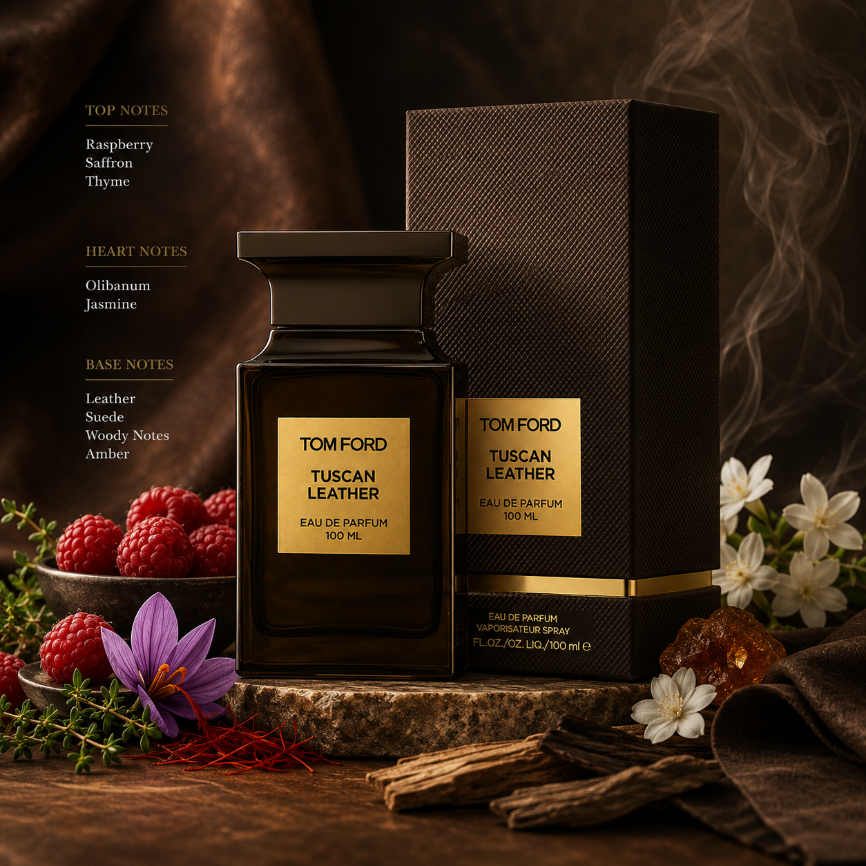 Tom Ford Tuscan Leather Eau de Parfum with luxury box surrounded by raspberries, saffron, jasmine, leather, suede, and amber resin, representing its bold leather fragrance.