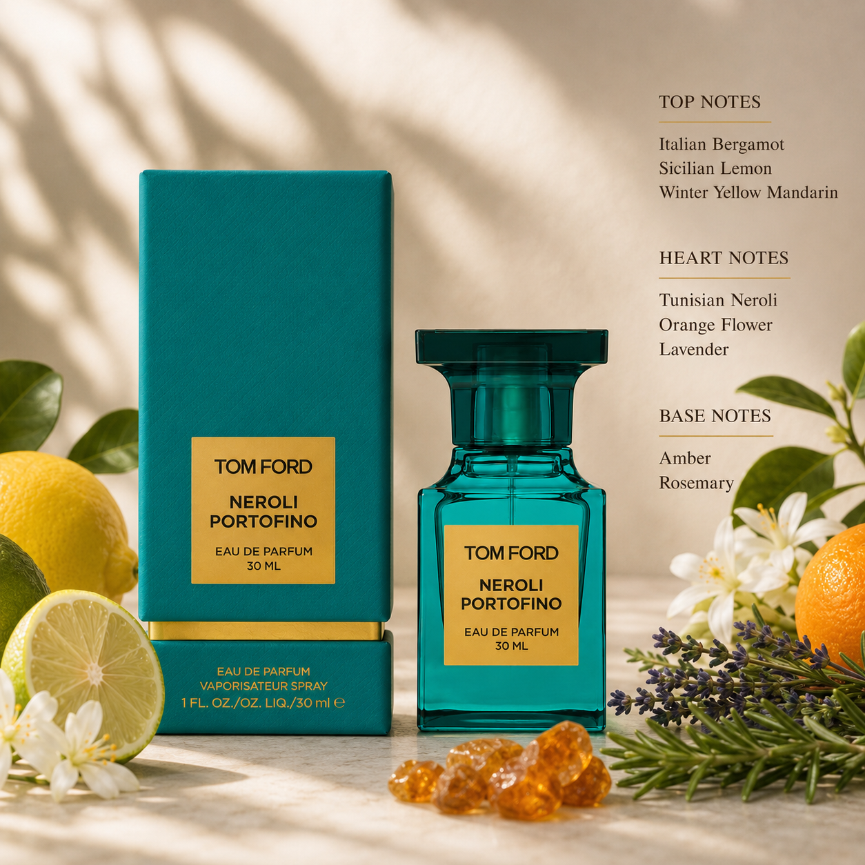 Tom Ford Neroli Portofino 30ml with box displayed among lemon, orange blossom, lavender, rosemary, and citrus fruits, reflecting its fresh Mediterranean fragrance profile.