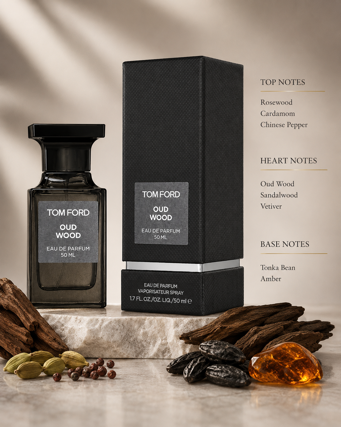 Tom Ford Oud Wood Eau de Parfum with luxury box displayed among oud wood, cardamom, tonka bean, amber resin, and spices, highlighting its warm woody fragrance notes.