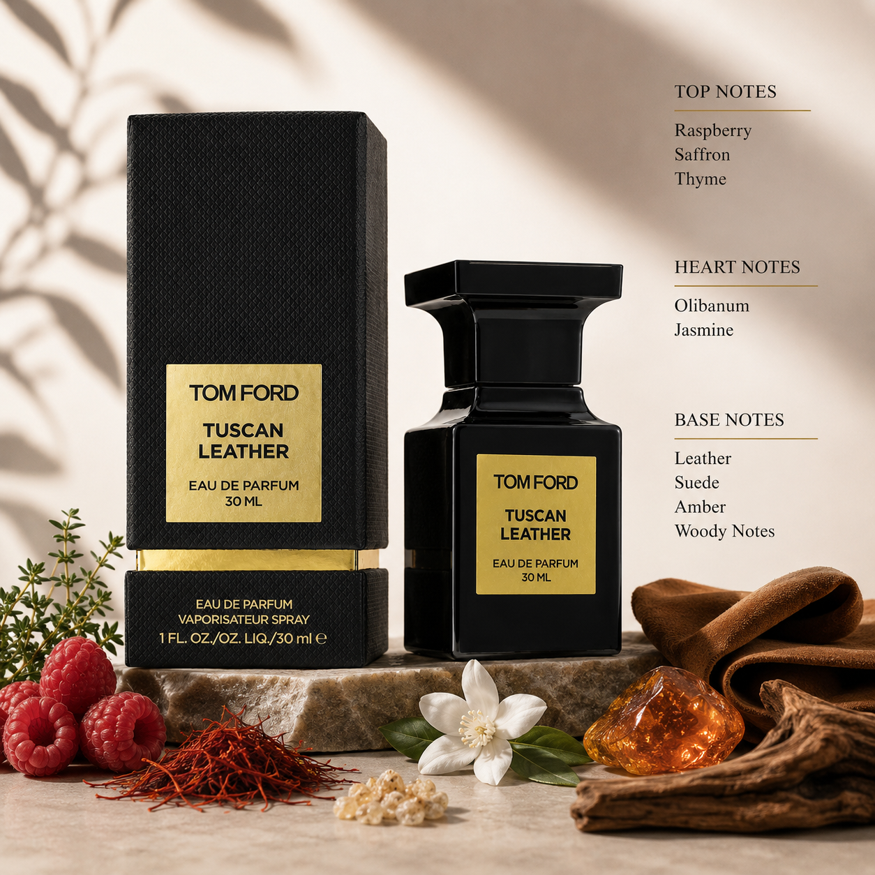 Tom Ford Tuscan Leather 30ml displayed with raspberries, saffron, jasmine flowers, leather, suede, and amber resin, highlighting its rich leather fragrance notes.